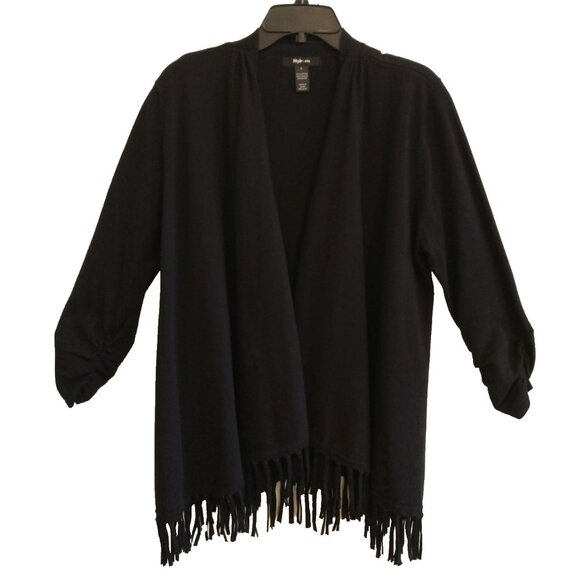 Style & Co Cardigan Open Front Sweater Fringed 3/4 Ruched Sleeves Black - Large - Picture 1 of 7